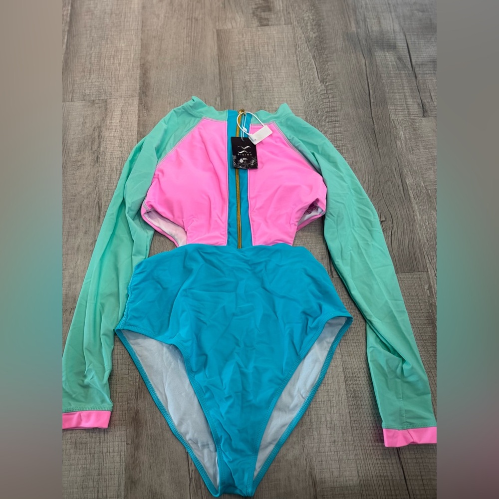 Stylish Pink and Blue Long Sleeve Swim One Piece